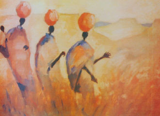 painting of three women walking