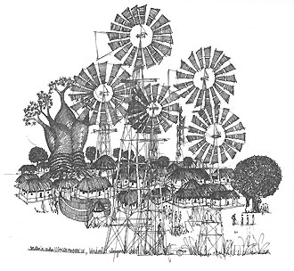pen and ink drawing of Malawi village