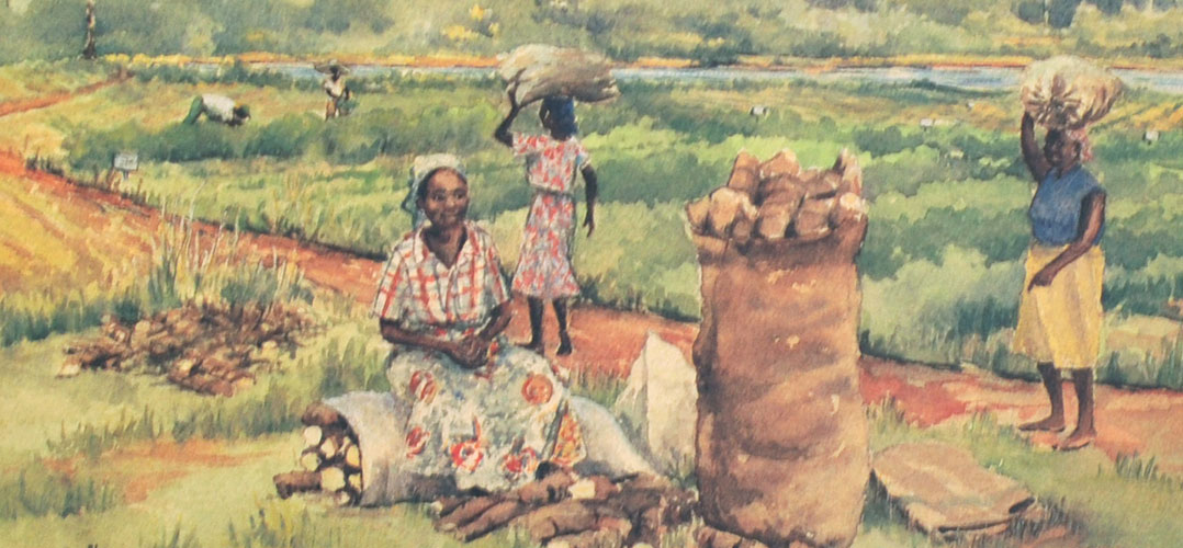watercolor of women working in field